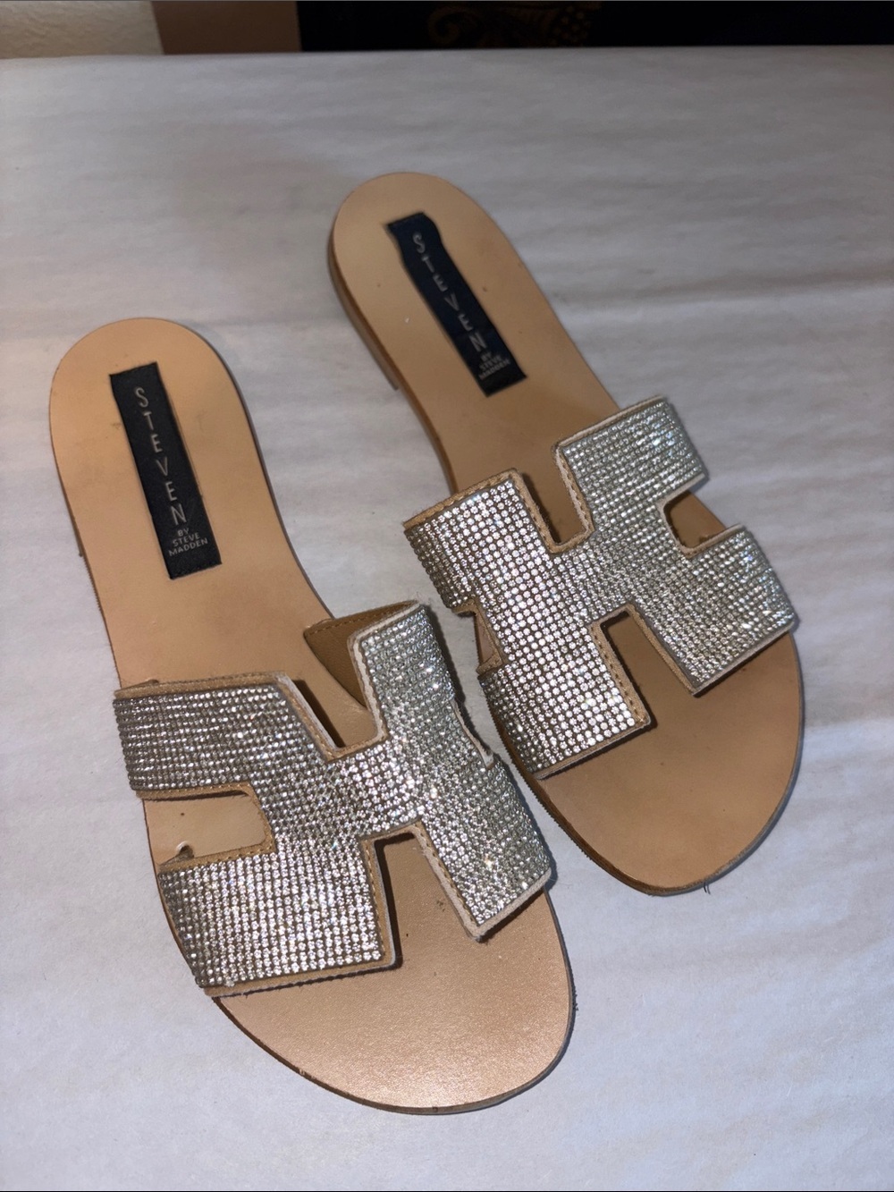 Steve Madden Crystal Embellished Tan Slide Sandals